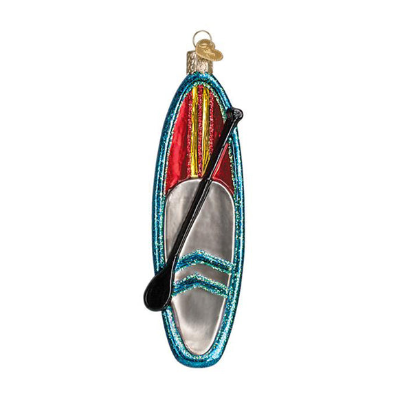 glass paddle board Christmas ornament blue, grey and red 