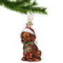 Personalized Chocolate Lab Puppy Glass Ornament hanging by a gold swirl hook on a Christmas tree branch