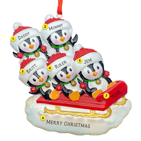 Personalized Family of Five Christmas Ornament with 5 penguins sledding 
