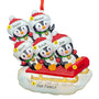 Personalized Ornament for a family of 5 with five penguins sledding