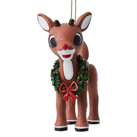 Rudolph the Red-nosed Reindeer with a wreath around his neck ornament 