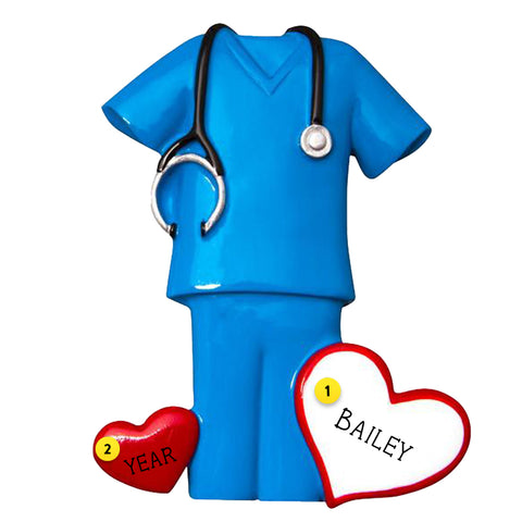 Personalized Scrubs Ornament Blue Scrubs with heart for medical professional