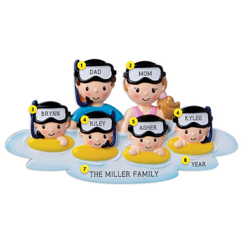 Snorkeling Family of 6 Personalized Resin Christmas Ornament 