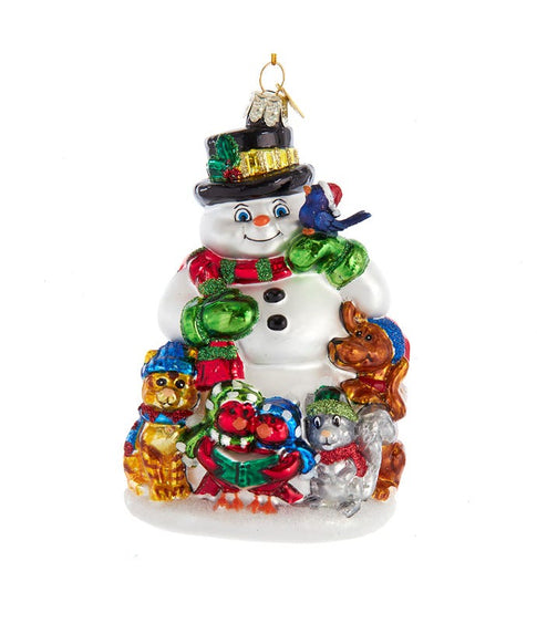 Glass Snowman with Animals Ornament