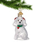 white poodle christmas ornament hanging by a gold swirl hook